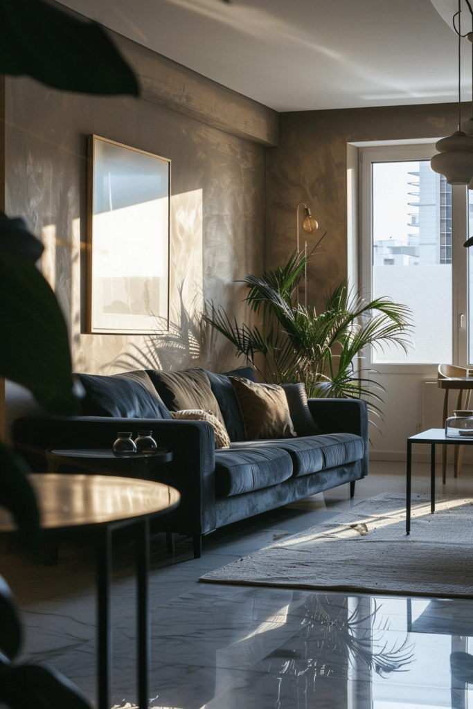 Dark Gray Sofa in a Beige Studio Apartment