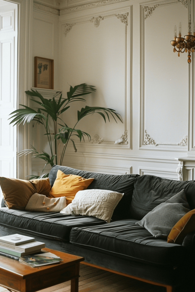 Dark Gray Sofa in a Living Room with Historic Details