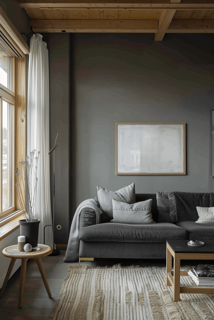 Dark Gray Sofa with Gray Walls and Wood Features