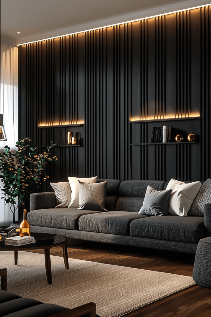 Dark Wall Panels with a Gray Couch