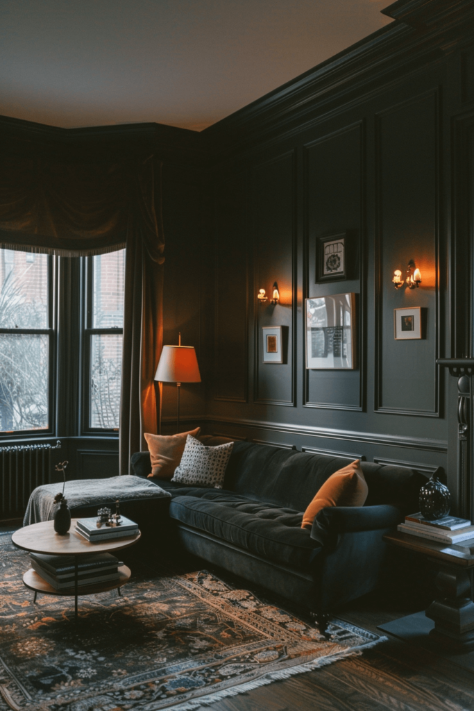 Dramatic Dark Gray Living Room with a Complementing Couch