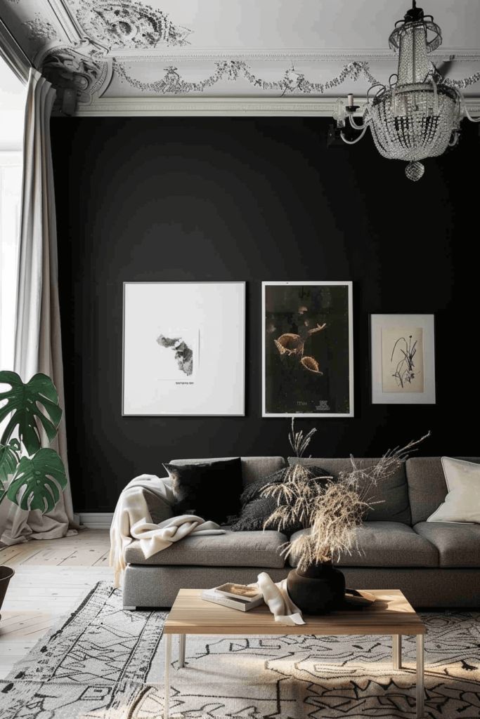 Gray Couch Living Room with a Black Wall