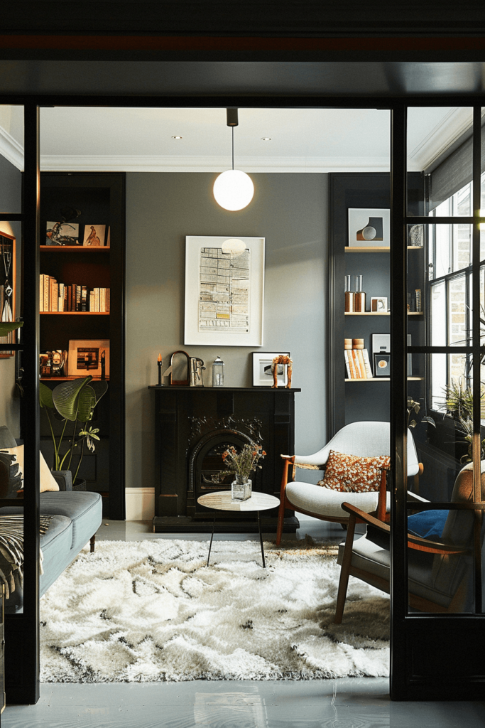 Living Room with Dark Wooden Glas Wall