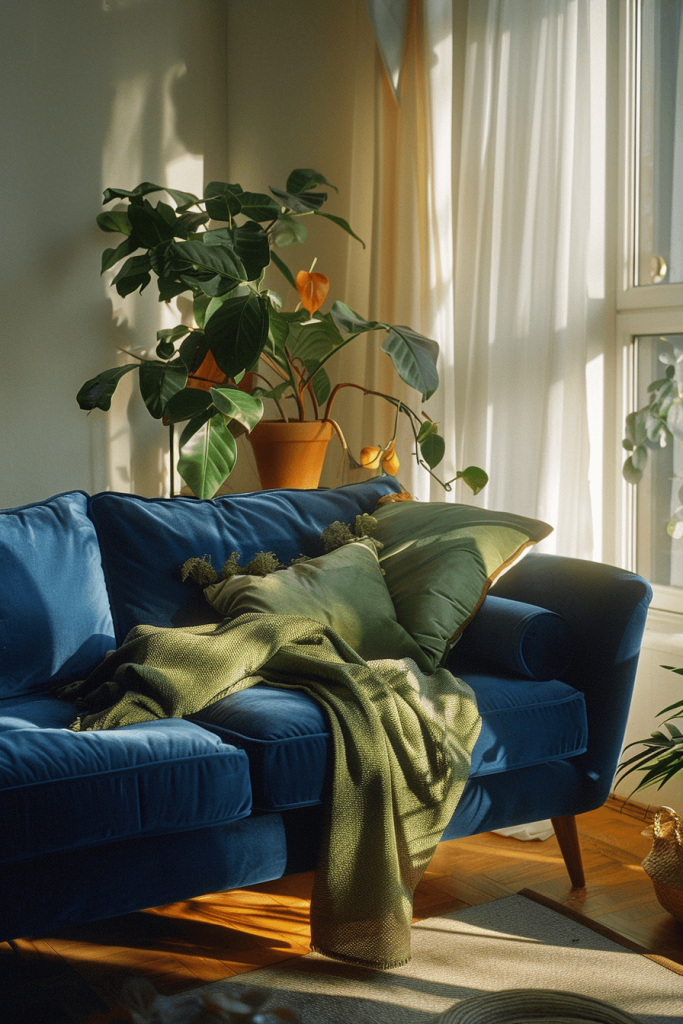 Blue Sofas with Green Throws