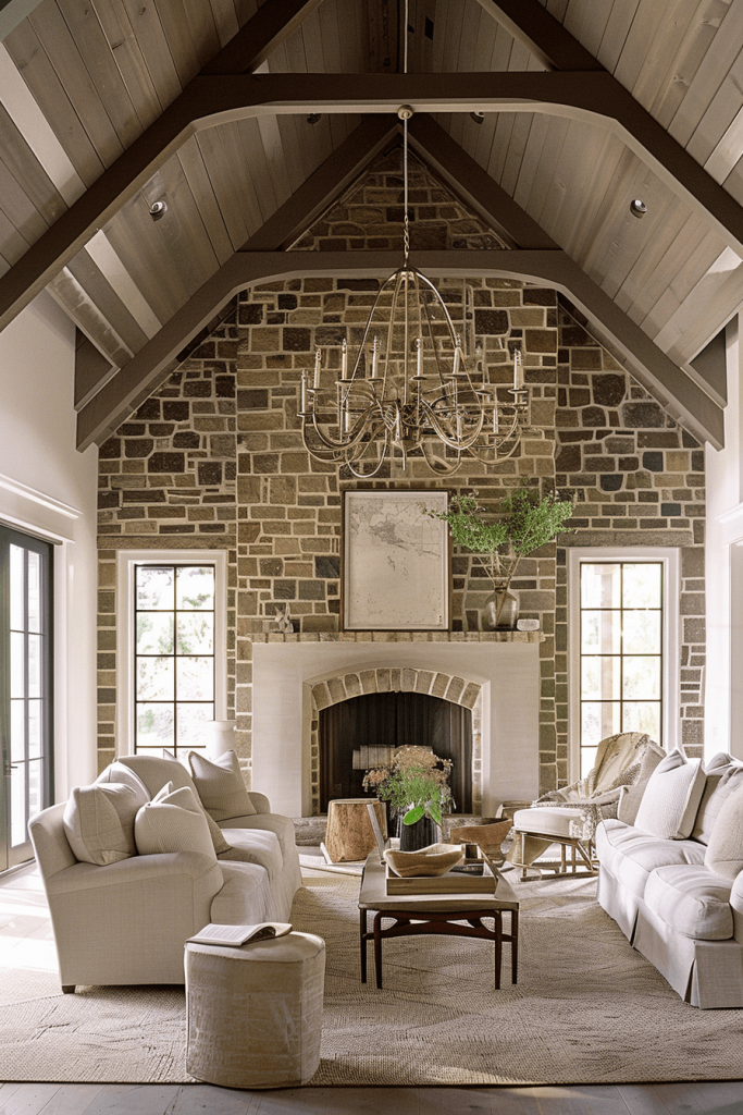 Dramatic Chandelier in a Modern Farmhouse Living Room