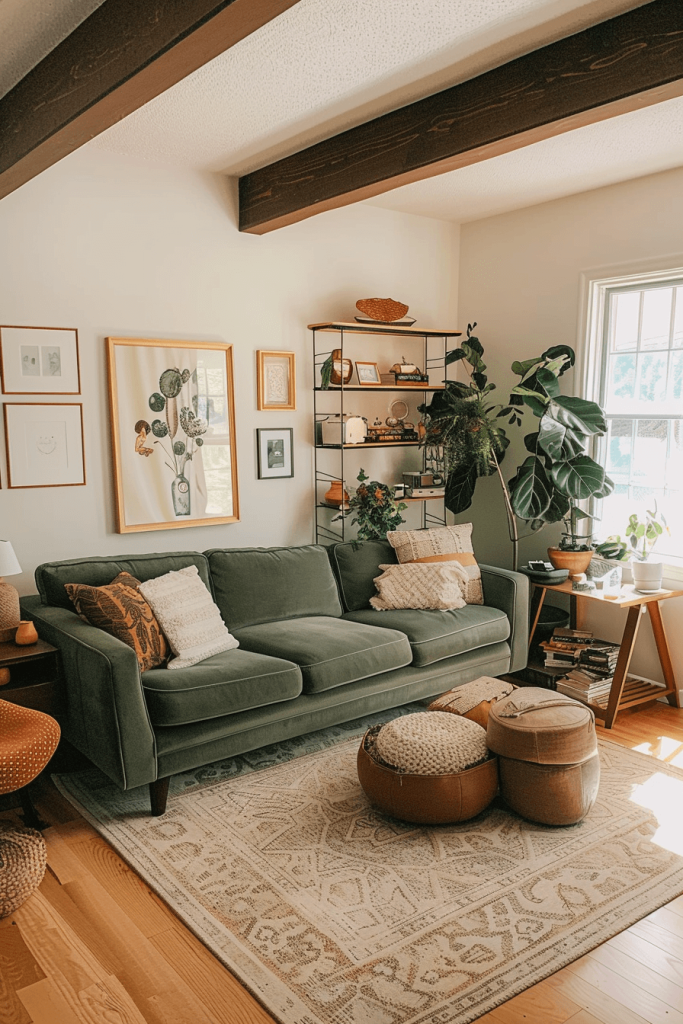 Earthy Living Room with a Green Couch