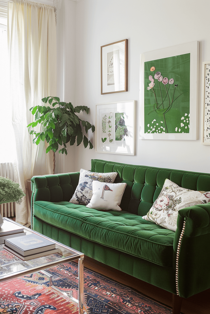 Green Couch in a Funky Living Room