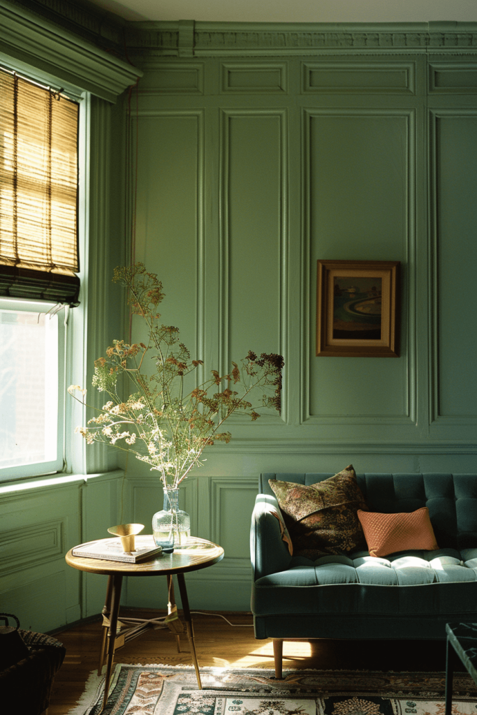 Green Living Room Walls with Blue Accents