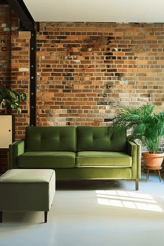 Loft Style Living Room with a Modern Green Couch