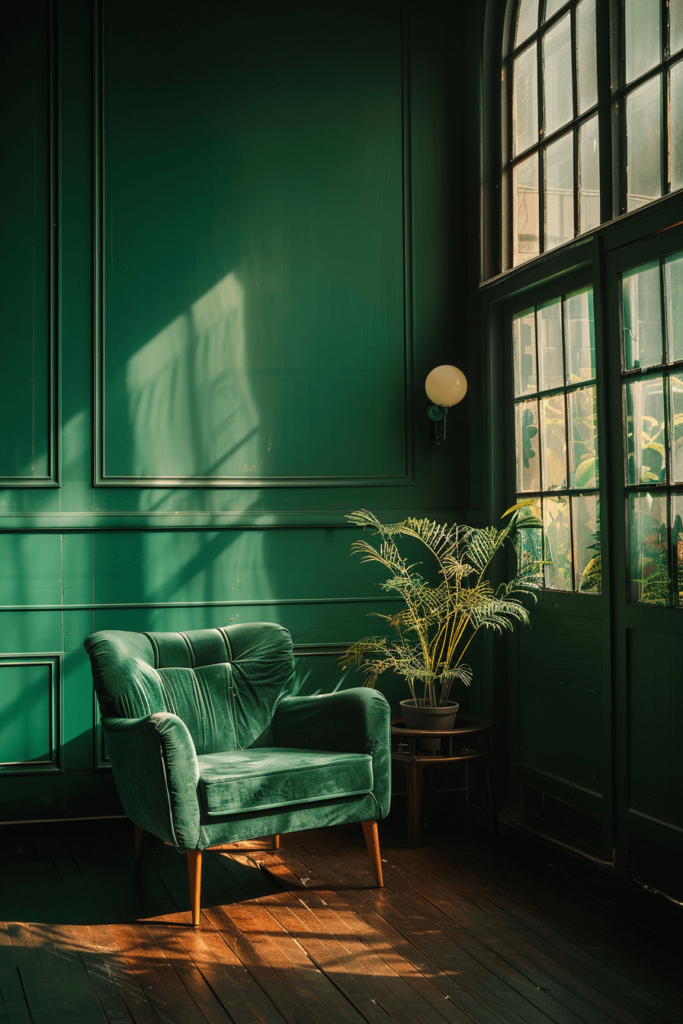 Moody Dark Green Walls and a Bright Green Sofa