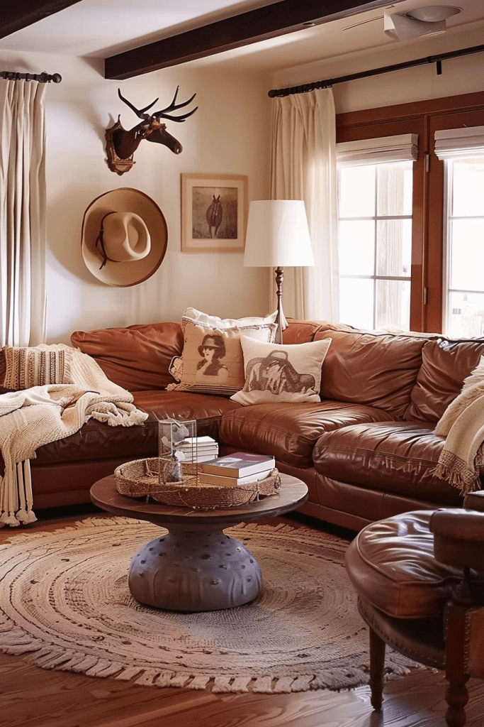 Western Theme Leather Couch Living Room