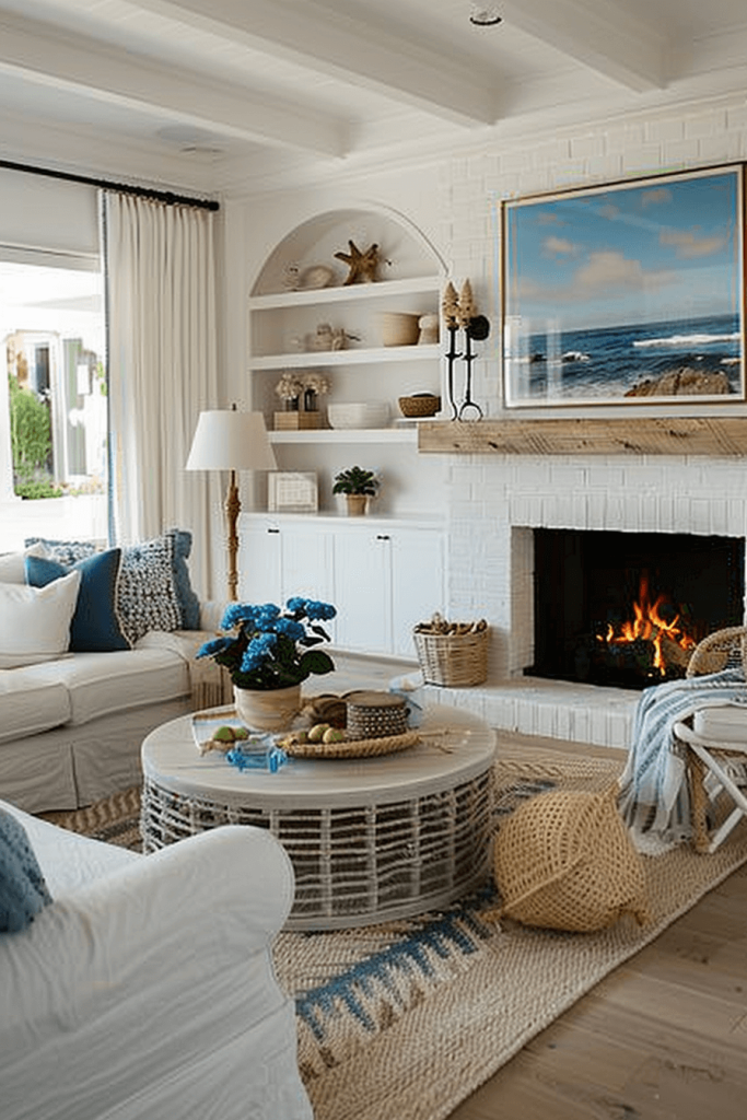 Coastal Cottage Living Room with Fireplace