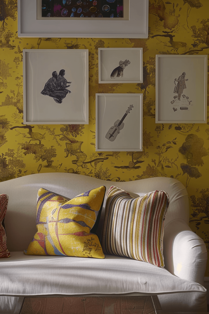 Living Room with a Yellow Patterned Wallpaper